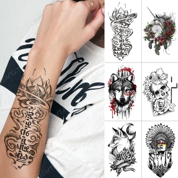 

Waterproof Temporary Tattoo Sticker Buddhist Lotus Unicorn Wolf Skull Flash Tattoos Tribal Body Art Arm Fake Tatoo Women Men