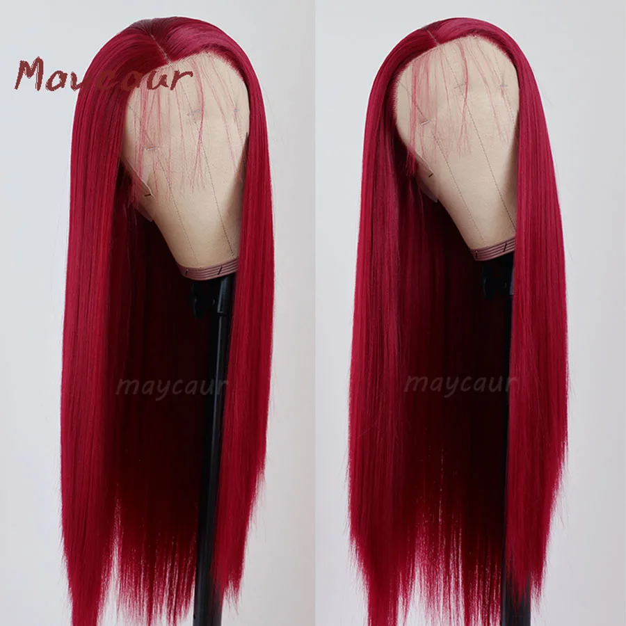 Maycaur RD900 Red Color Wig Long Straight Synthetic Lace Front Wigs with Natural Baby Hair Heat Resistant Wigs for Black Women (1)