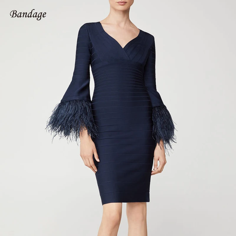 Autumn Winter Wrist Sleeve Bandage Dresss Sexy Feathers V Neck Knee Length Celebrity Evening Party Club Dress Vestidos Dark Blue
Autumn Winter Wrist Sleeve Bandage Dresss Sexy Feathers V Neck Knee Length Celebrity Evening Party Club Dress Vestidos Dark Blue