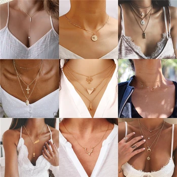 

Luokey Bohemian Layered Necklace Vintage Choker Collares Elegant Cross Moon Pendant Necklace For Women Collier Bijoux Femme 2020