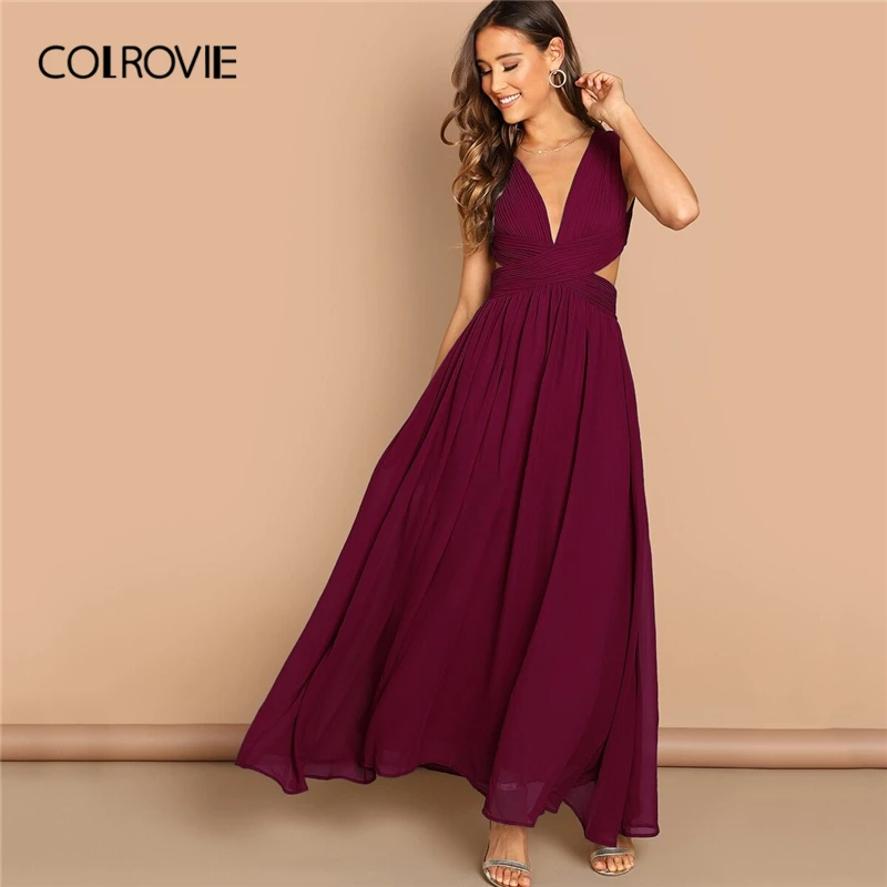 

COLROVIE Burgundy Deep V Neck Criss Wrap Fit And Flare Maxi Dress Women A Line Dress 2019 Sexy High Waist Female Dresses