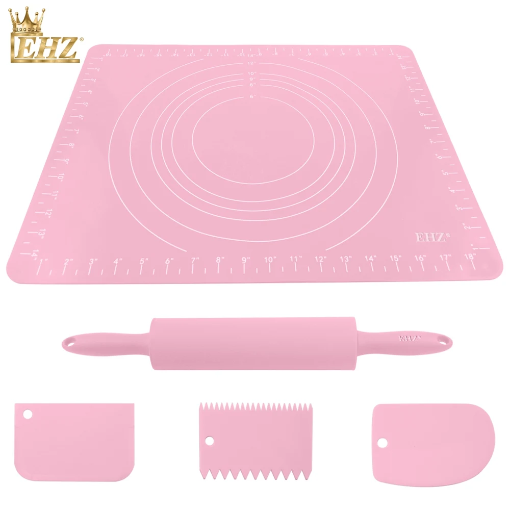 

EHZ Baking Tool Set Pastry Boards Rolling Pin Wooden Handle Kneading Pad Thickening Non-stick Scale Kitchen Baking Pink 5PCS