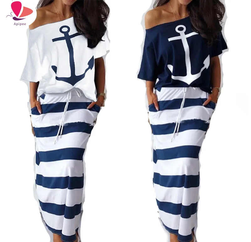 Women Off Shoulder Blouses T-shirt & Striped Maxi Dress Summer Slim Slash Neck 2 Pieces Sets Female Casual Ankle-Length Dress
Women Off Shoulder Blouses T-shirt & Striped Maxi Dress Summer Slim Slash Neck 2 Pieces Sets Female Casual Ankle-Length Dress