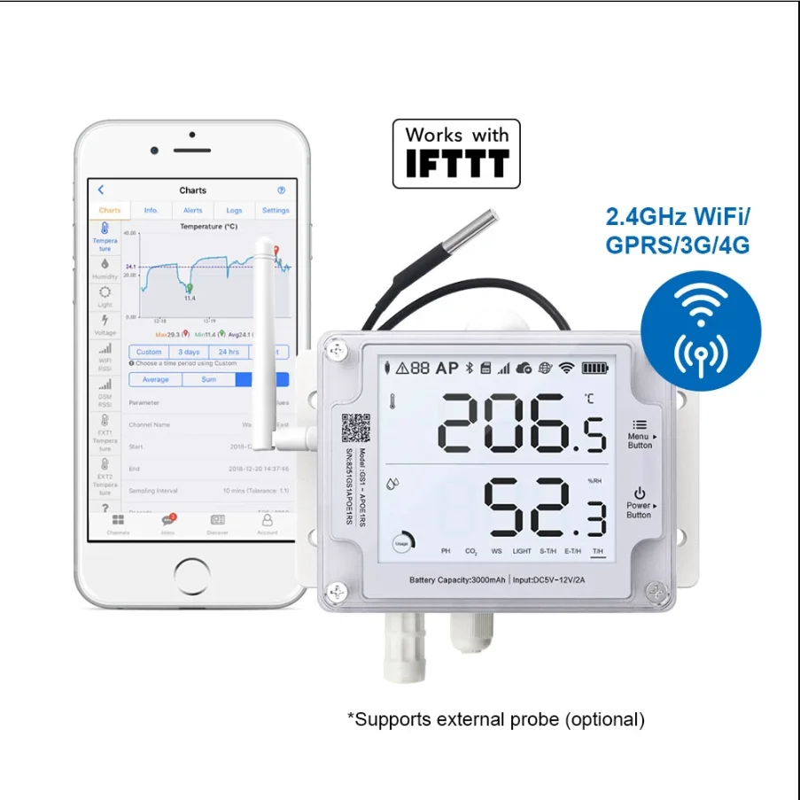 

Ubibot GS1-4G WiFi temperature humidity light data logger greenhouse Server room cold store alert monitor