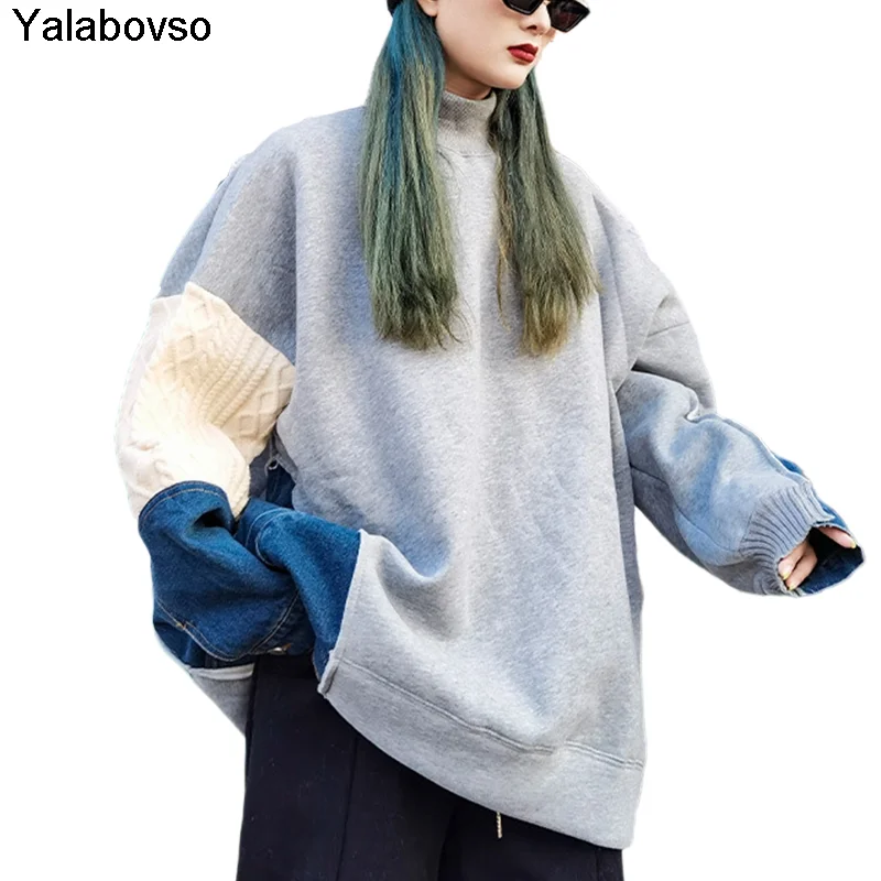 Winter 2020 New Plush Tops Thickened Multi Fabric Splicing Denim Contrast High Collar Pullover Solid Medium Length Hoodies
Winter 2020 New Plush Tops Thickened Multi Fabric Splicing Denim Contrast High Collar Pullover Solid Medium Length Hoodies