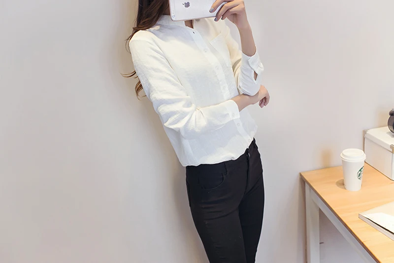 Women Korean Fashion Loose Cotton Linen Long Sleeves Shirt Casual