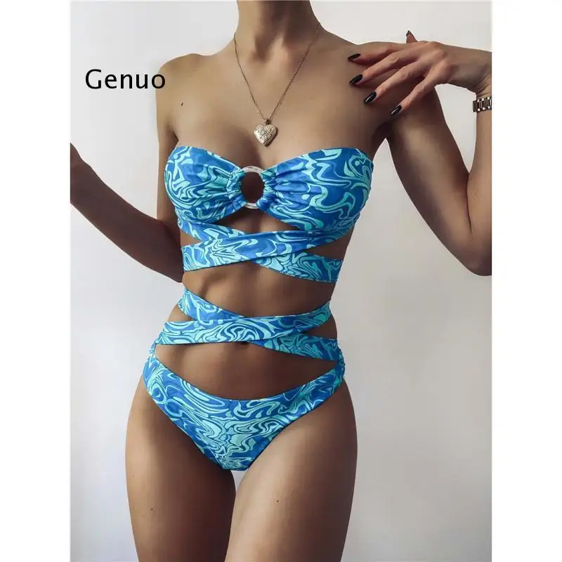 

2021 Wrap Around Bandeau Printed Bikini Women Swimwear Female Swimsuit Two-Pieces Bikini Set Bather Bathing Suit Swim Lady