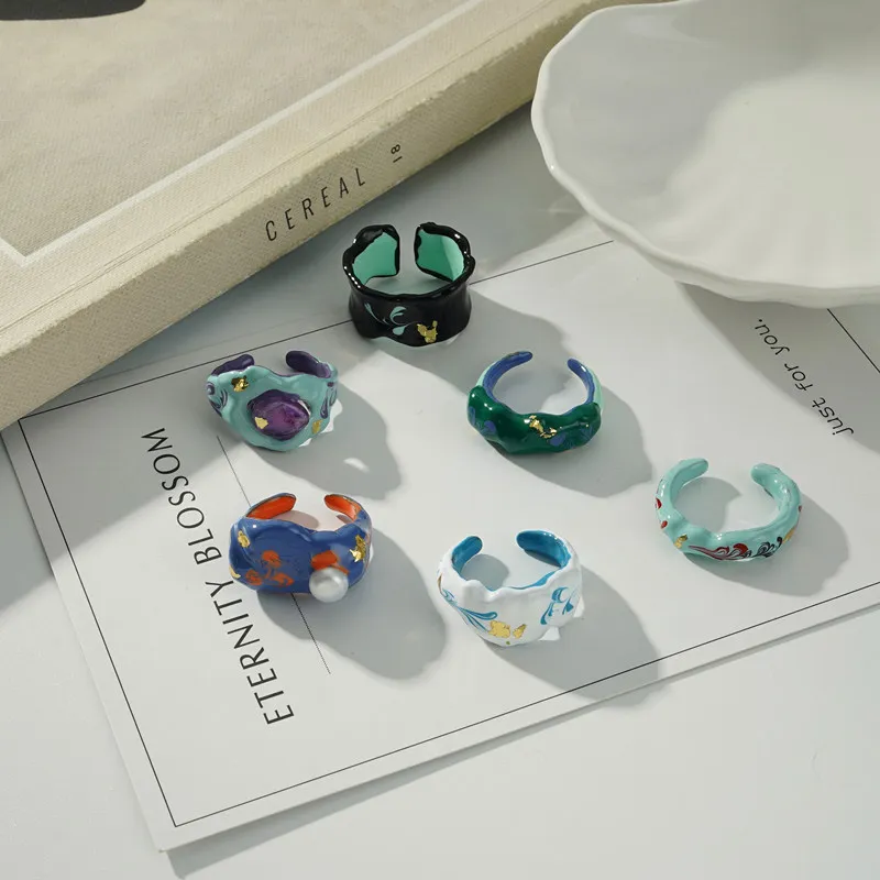 Elegant Enamel Glaze Ring For Women Pearl Gold Foil Open Ring Fashion Design Drops Of Oil High Grade Index Finger Ring Jewelry 
Elegant Enamel Glaze Ring For Women Pearl Gold Foil Open Ring Fashion Design Drops Of Oil High Grade Index Finger Ring Jewelry