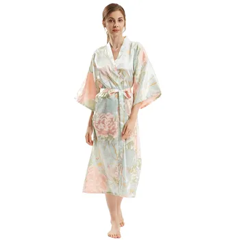 Floral Print Female Kimono Robe Gown Autumn New Nightgown With Belt Faux Silk Bathrobe Loose Sleepwear Long Home Dress 
Floral Print Female Kimono Robe Gown Autumn New Nightgown With Belt Faux Silk Bathrobe Loose Sleepwear Long Home Dress