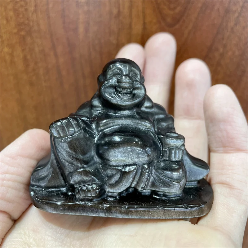 

Natural Crystals Healing Gift Gemstone Crystal Buddha silver obsidian Carved Statues Buddha For Home Decoration