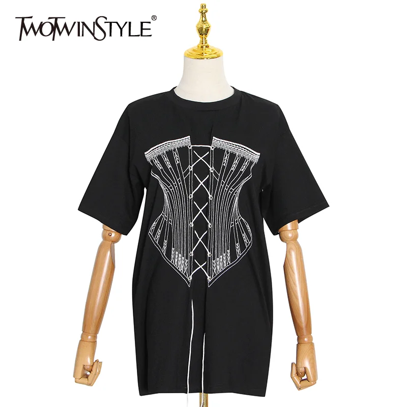 TWOTWINSTYLE Cross Bandage Printed T Shirt For Women O Neck Short Sleeve Casual Loose Tops Female Fashion Clothing 2020 Summer 
TWOTWINSTYLE Cross Bandage Printed T Shirt For Women O Neck Short Sleeve Casual Loose Tops Female Fashion Clothing 2020 Summer