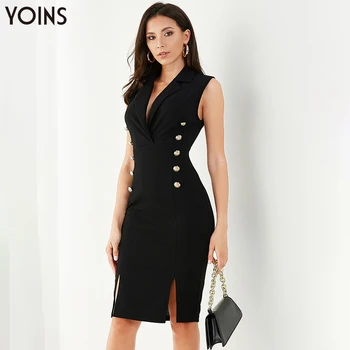 

YOINS Elegant Button Front Lapel Collar Sleeveless Slit Hem Mini Dress 2020 Fashion Women Dresses Female Office Chic Vestidos