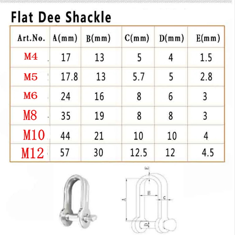 Stainless Steel 316 Marine Grade Flat Dee Shackle High Tensile Screw Pin Anchor Shackle Boat Yart Accessories M4-M12 (2)