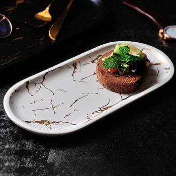 

European Marble Ceramic Cutlery Set Inlaid Porcelain Dessert Jewelry Plate Steak Salad Cake Dishware
