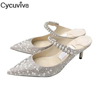 

Luxury Crystal High Heels Slippers Women Sliver Gladiator Sandals Women Summer Pointy Toe Mules Runway Party Wedding Shoes Woman