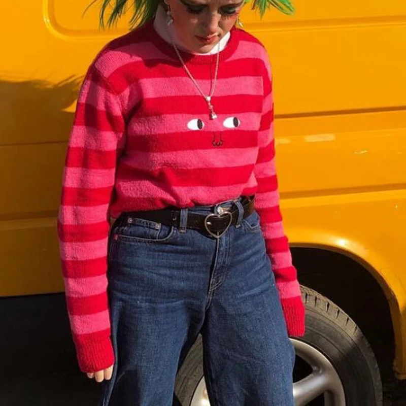 woman Winter sweater eyes and nose embroidery stripes long sleeve Color matching loose knit sweater pullover Coat woman s532
woman Winter sweater eyes and nose embroidery stripes long sleeve Color matching loose knit sweater pullover Coat woman s532