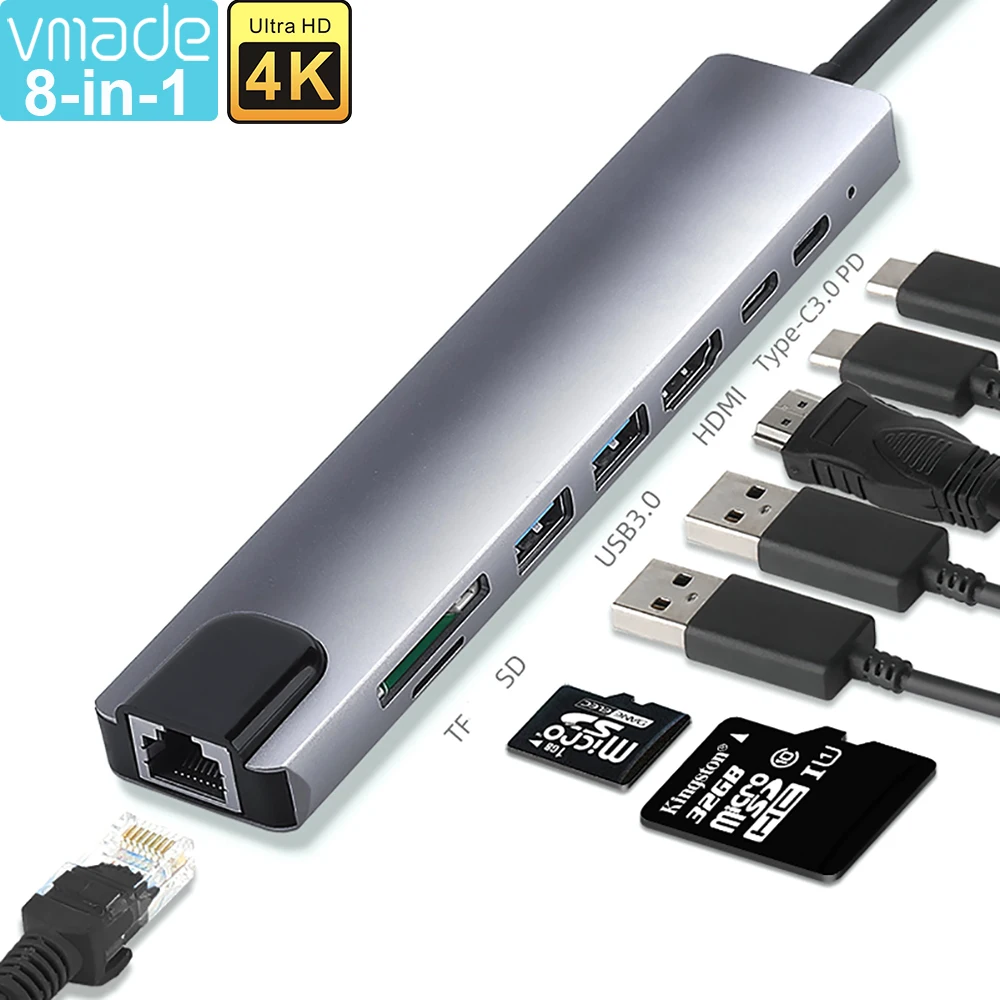 Type-C USB 3.1 Hub To 8 in 1 Adapter Thunderbolt 3 USB C Hub with Hub 3.0 TF SD Reader Network Slot PD for MacBook Pro/Air 2020
Type-C USB 3.1 Hub To 8 in 1 Adapter Thunderbolt 3 USB C Hub with Hub 3.0 TF SD Reader Network Slot PD for MacBook Pro/Air 2020