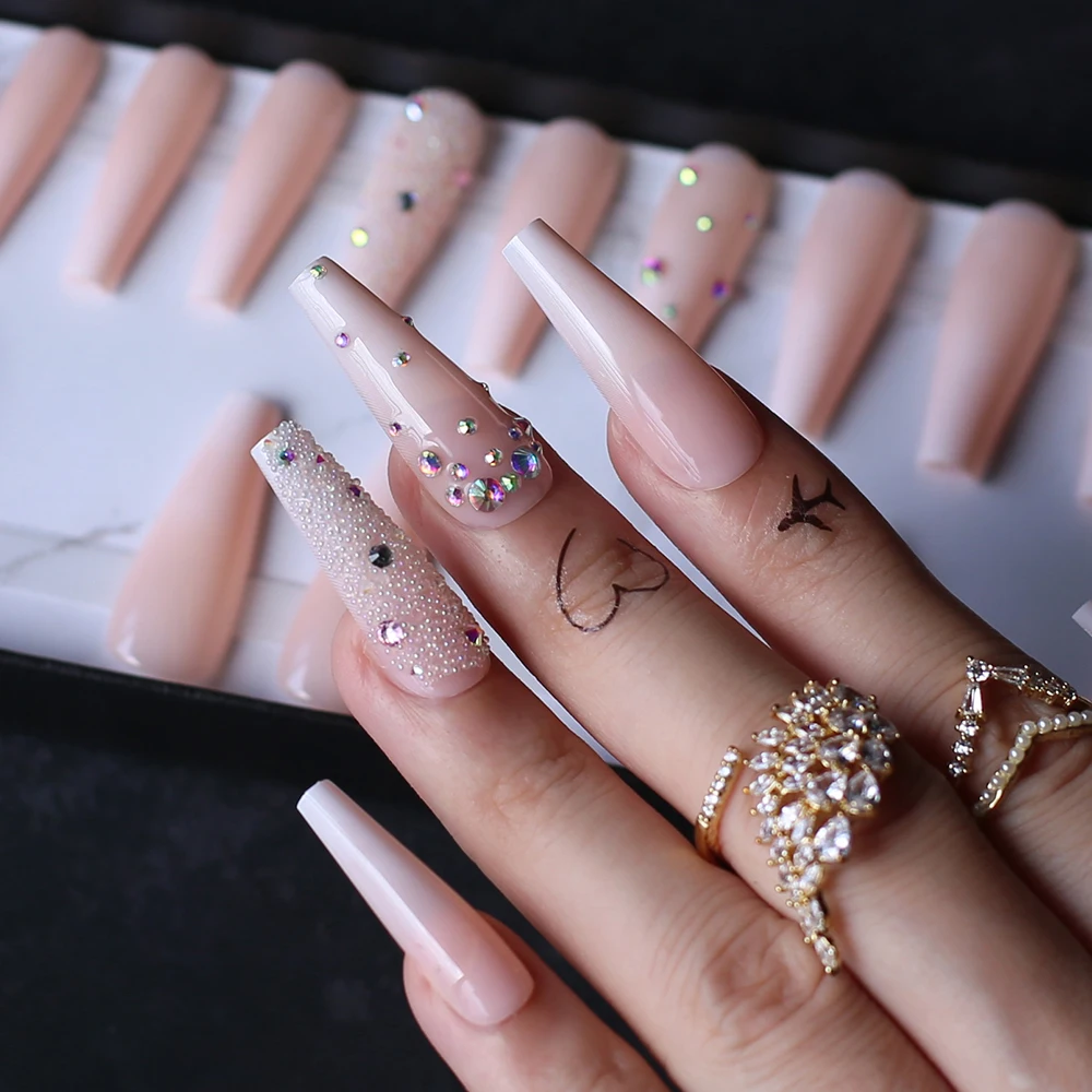 

Extra Long Coffin Artificial Fake nails Baby boomber Ombre Nude Press on nails Holo Rhinestone False nails Glossy Gel Full Cover