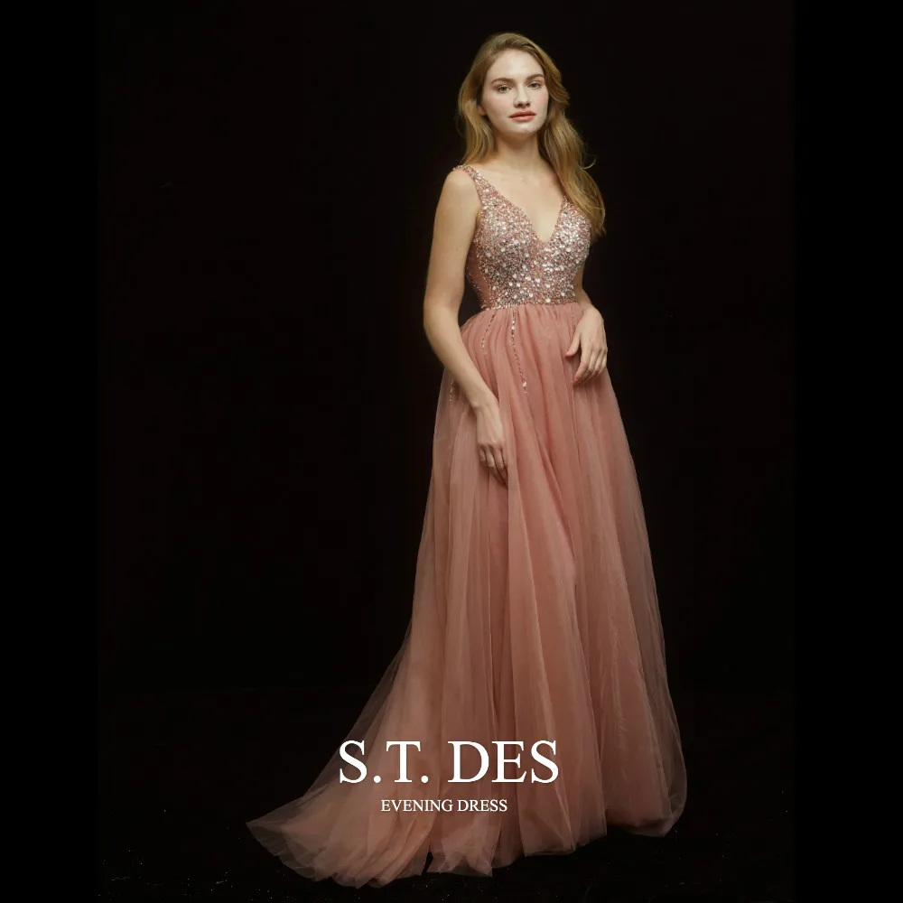 NEW! 2020 S.T.DES Pink Deep V-Neck Beading Sequins Tull Prom Dress Split Front A-line Sweep Train Evening Dress
NEW! 2020 S.T.DES Pink Deep V-Neck Beading Sequins Tull Prom Dress Split Front A-line Sweep Train Evening Dress