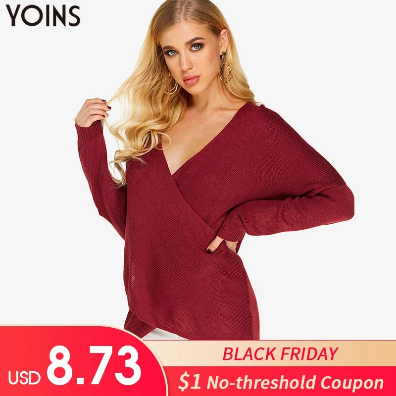 

YOINS Sexy Women Sweaters 2019 Spring Autumn V Neck Long Sleeve Solid Knitwear Casual Solid Asymmetrical Hem Elegant Pullovers