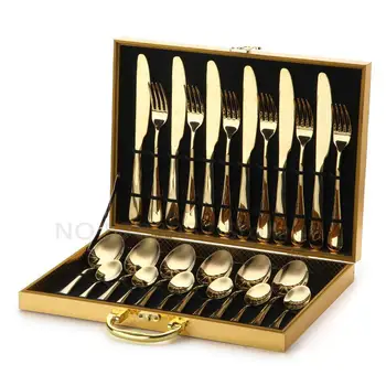 24pcs KuBac Hommi Luxury Golden Stainless Steel Steak Knife Fork Set Gold Cutlery Set With Luxury Wood Gift Box Shipping 
24pcs KuBac Hommi Luxury Golden Stainless Steel Steak Knife Fork Set Gold Cutlery Set With Luxury Wood Gift Box Shipping