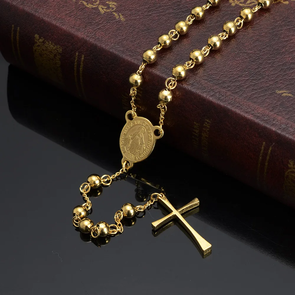 

New Vintage Gold Stainless Steel Christian Cross Bohemia Religious Rosary Pendant Necklaces for Women Charm Jewelry Gifts