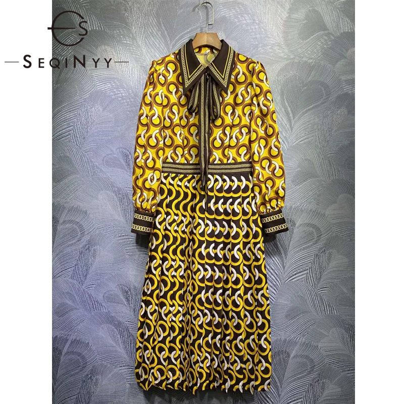 

SEQINYY Yellow Midi Dress 2020 Early Autumn Spring New Fashion Design Women Long Sleeve Vintage Print Shirt Dress Casual