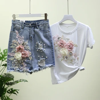 Women Tops and Skirt Two Piece Set 2020 Summer New Three-dimensional Flower Short Sleeve T-shirt + Hole Fashion Denim Skirt Suit
Women Tops and Skirt Two Piece Set 2020 Summer New Three-dimensional Flower Short Sleeve T-shirt + Hole Fashion Denim Skirt Suit