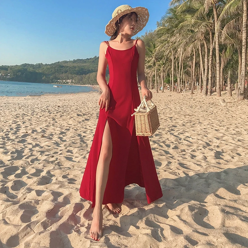 Женское пляжное платье TingYiLi с разрезом открытой спиной винно-красного цвета |