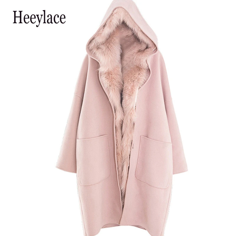 Фото Winter women pink detachable large fur collar woolen coat 2019 long loose hooded warm wool outfit | Женская одежда