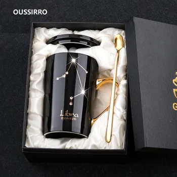 

OUSSIRRO 420ml Ceramic Coffee Mugs Constellation Theme Lucky Mug With Gift Box with Lid and Spoon Christmas Gift for Friends