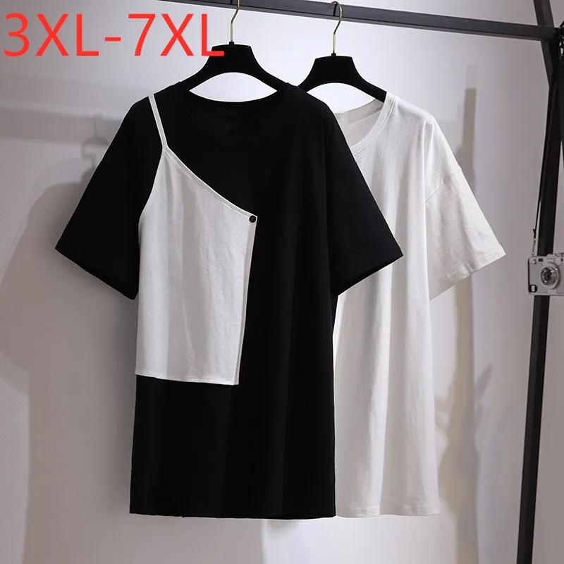 New 2021 Ladies Summer Plus Size Tops For Women Large Short Sleeve Loose Patchwork Black Cotton Long T-shirt 3XL 4XL 5XL 6XL 7XL
New 2021 Ladies Summer Plus Size Tops For Women Large Short Sleeve Loose Patchwork Black Cotton Long T-shirt 3XL 4XL 5XL 6XL 7XL
