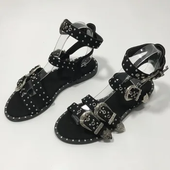Summer Multiple Buckle Rivets Rivets Peep Toe Ankle Wrap Women Sandals Open Toe Metal Back Strap Flat Heels Lady Shoes
Summer Multiple Buckle Rivets Rivets Peep Toe Ankle Wrap Women Sandals Open Toe Metal Back Strap Flat Heels Lady Shoes