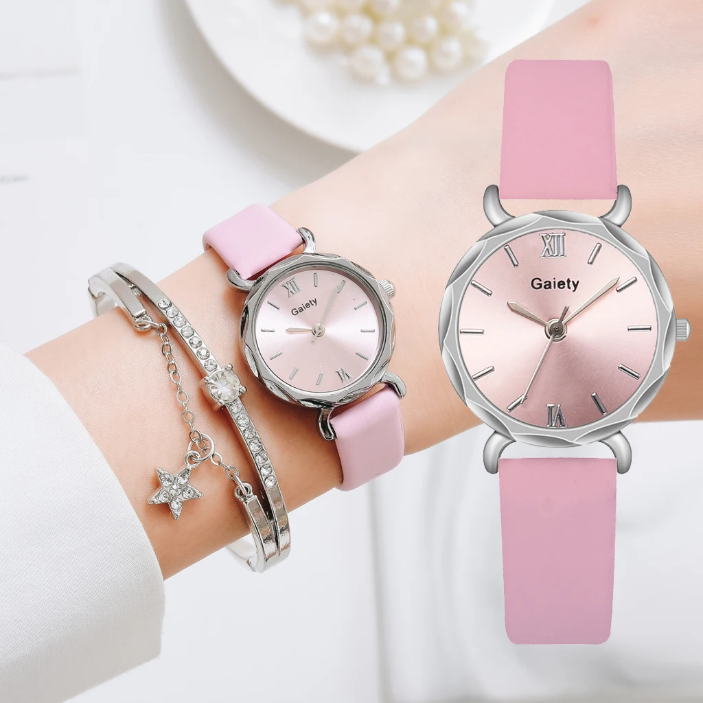 

Gaiety Brand Women Watches Fashion Ladies Quartz Watch Bracelet Pink Dial Simple Sliver Leather Luxury Watch Women Reloj Mujer