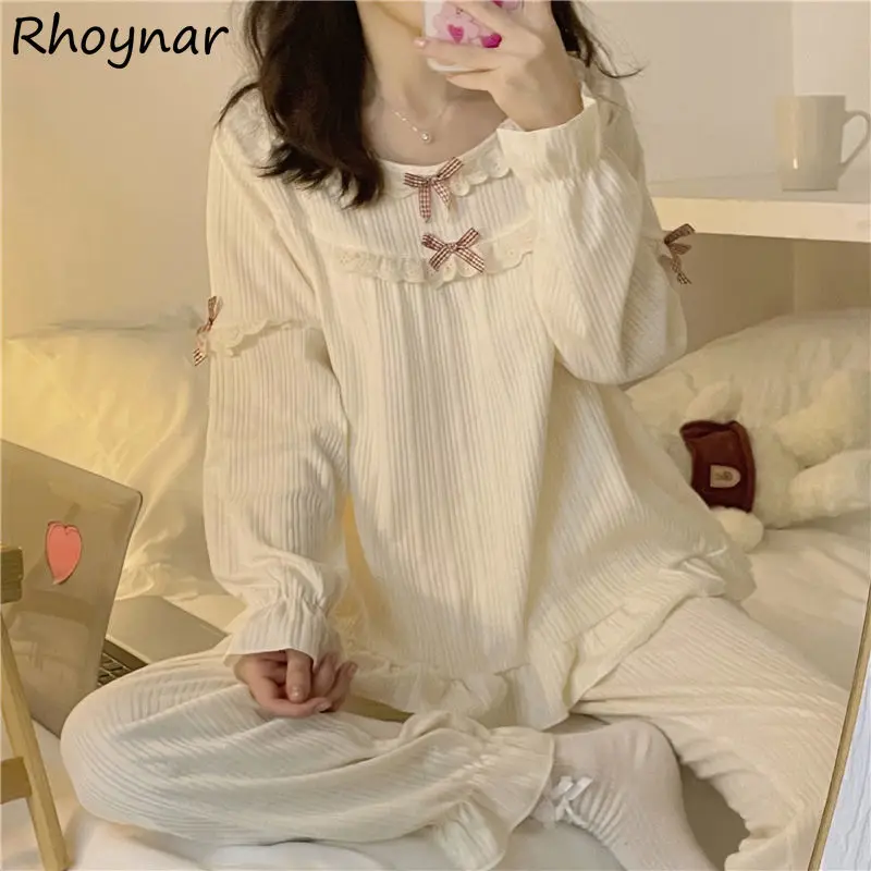 

Pajama Sets Women Bow Autumn O-neck Sweetie Patchwork Princess Style Ladies All-match Cozy Nightwear Prevalent College Casual