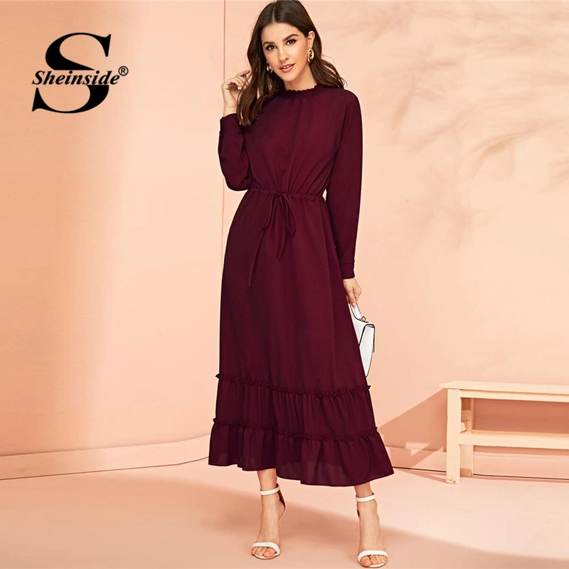 

Sheinside Burgundy Drawstring Waist A Line Dress Women 2019 Autumn Stand Collar Maxi Dresses Ladies SOlid Ruffle Hem Dress