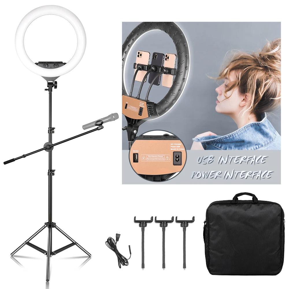 18 inch 3200-6500K Dimmable LED Ring Light with Light Stand Microphone Tripod Phone Holder For Portrait Makeup Video Shooting
18 inch 3200-6500K Dimmable LED Ring Light with Light Stand Microphone Tripod Phone Holder For Portrait Makeup Video Shooting