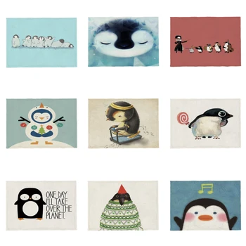 Furry Cartoon Placemat Cute Penguin Snowman Lollipop Text Decoration Tablecloth Home Polyester Linen 42 * 32Cm Waterproof Cover