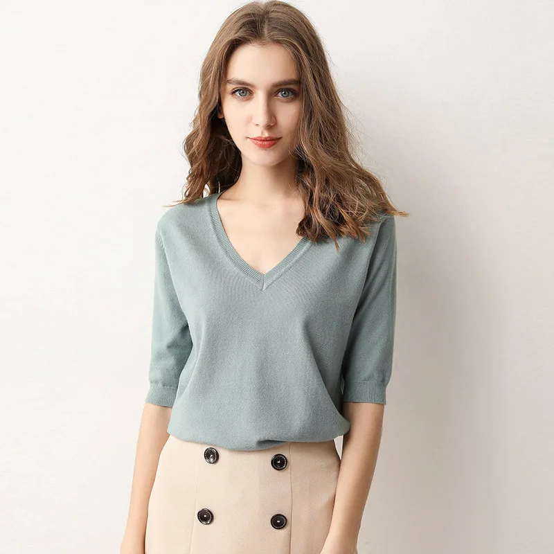 Spring V-neck Half Sleeve Knit Top Women 2021 Female Sweater T-shirt Causal Loose Base Simple T-shirt Bottoming Blouse Shirt Top
Spring V-neck Half Sleeve Knit Top Women 2021 Female Sweater T-shirt Causal Loose Base Simple T-shirt Bottoming Blouse Shirt Top
