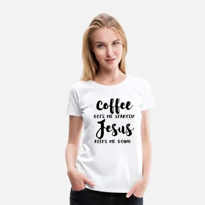 

Coffee Gets Me Started Jesus Slogan T-Shirt Religious Clothes Stylish Tee Funny Christian Bible Verse Graphic Outfits Top