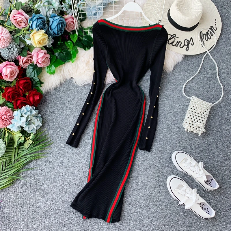 2019 Year New Women Sheath Bandage Dresses Pearl Beading Full Sleeves Striped Patchwork Lady Knitted Long Dress Clothes
2019 Year New Women Sheath Bandage Dresses Pearl Beading Full Sleeves Striped Patchwork Lady Knitted Long Dress Clothes
