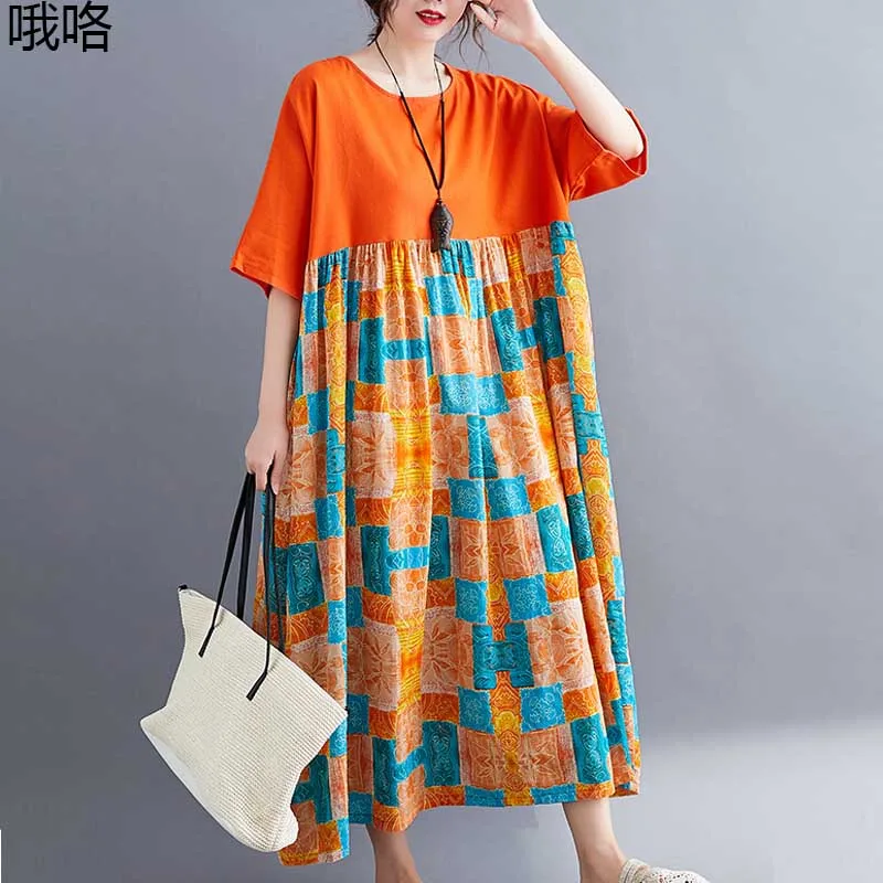 2020 Summer New Art Print Splice Orange Dress Women Plus Size 4XL 5XL 6XL Cotton Linen Maxi Dress Vintage Big Swing Boho Dresses
2020 Summer New Art Print Splice Orange Dress Women Plus Size 4XL 5XL 6XL Cotton Linen Maxi Dress Vintage Big Swing Boho Dresses