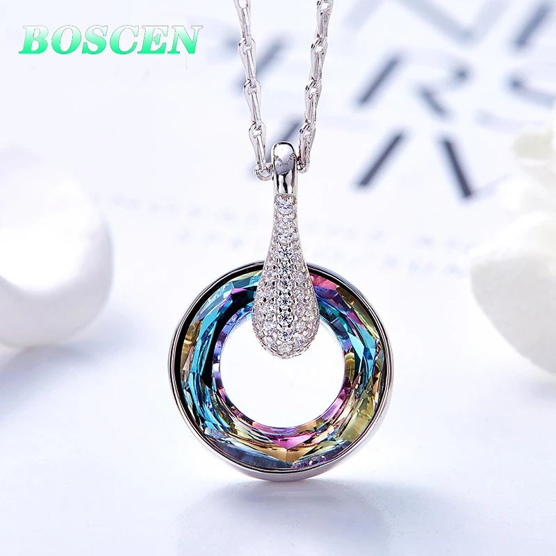 

BOSCEN 925 Sterling Silver Pendant Necklace For Women girl Birthday Gift Embellished With Crystals From Swarovski Round Colorful