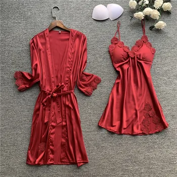 Silk Dressing Gown Set Thin Bathrobe+Pajama Dress 2 Pcs Sleepwear Set with Chest Pad Sexy Nightwear Lace Pijamas Sexys Damas 
Silk Dressing Gown Set Thin Bathrobe+Pajama Dress 2 Pcs Sleepwear Set with Chest Pad Sexy Nightwear Lace Pijamas Sexys Damas