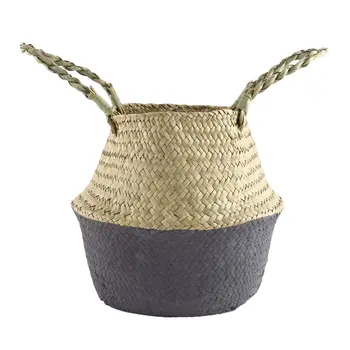 Foldable Seagrass Woven Flower Basket Handmade Planter Tote Belly Storage Bag Home Sundries Organizer Handheld Flowerpot