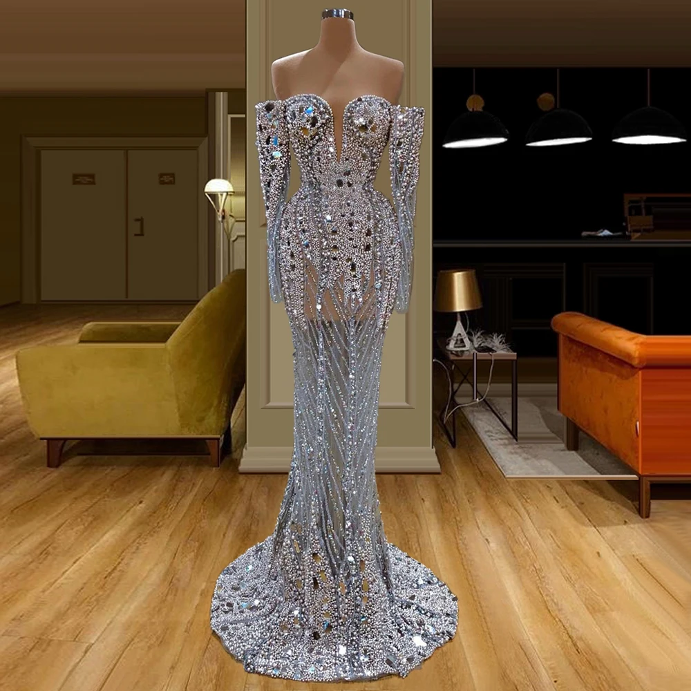 Long Sleeves Off The Shoulder Mermaid Evening Dress Floor-Length Beaded Sequined Prom Dress Middle East Saudi Arabia Formal
Long Sleeves Off The Shoulder Mermaid Evening Dress Floor-Length Beaded Sequined Prom Dress Middle East Saudi Arabia Formal