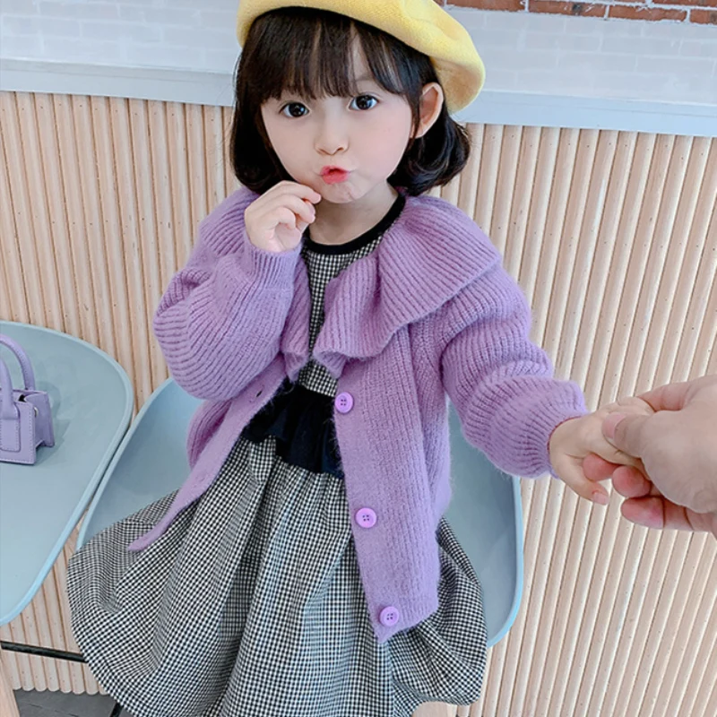 

Girls Sweater Kids Baby's Coat Outwear 2022 Violet Thicken Warm Winter Autumn Knitting Tops Pure Cotton Cardigan Children's Clot