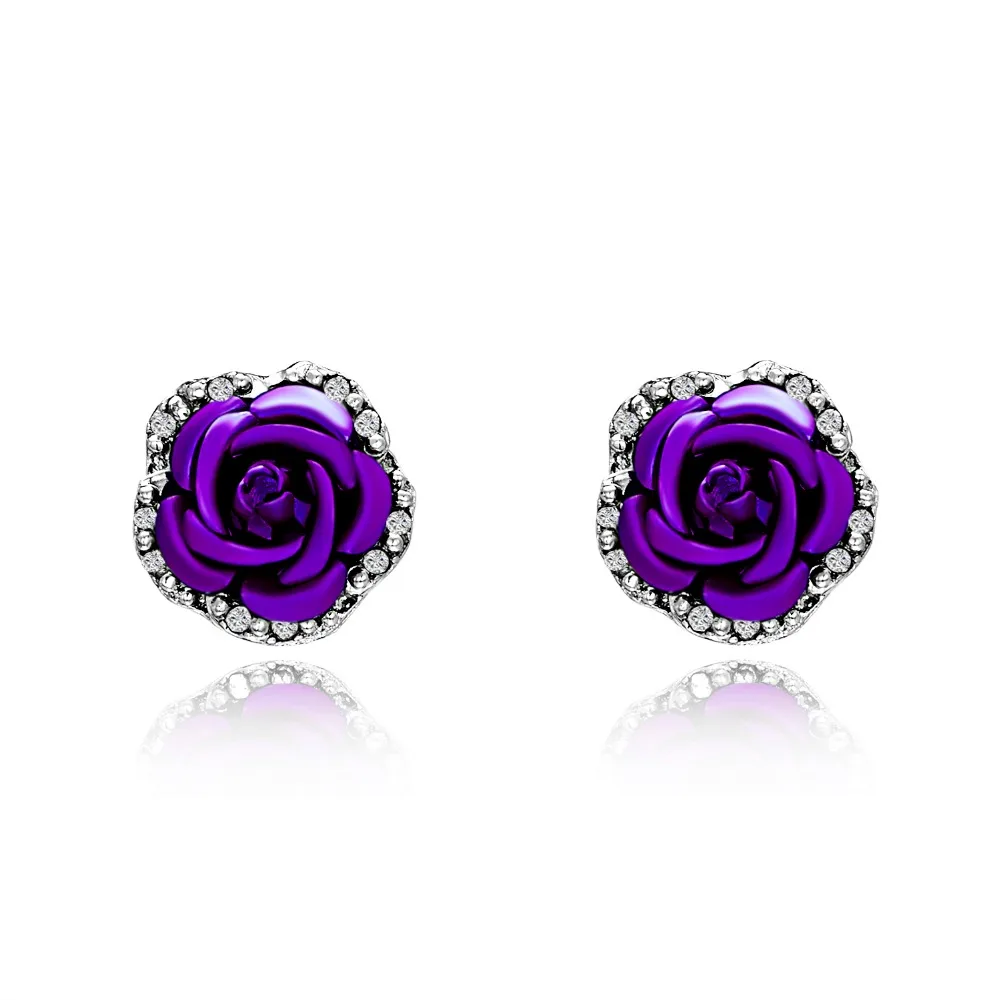 rose flower earrings crystal red purple blue color plated stud