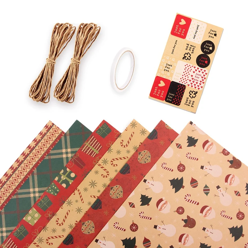 Christmas Gift Wrapping Paper 6 Pcs Kraft 70X50CM With Unique Designs Jute String And Tags | Дом и сад