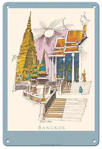 Фото Bangkok Thailand - Temple of The Dawn TWA Menu Cover Airline by David Klein c.1950s Vintage Metal Tin Sign | Дом и сад